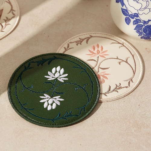 蓮の花刺繍韓紙レザーコースター（4種より選択）